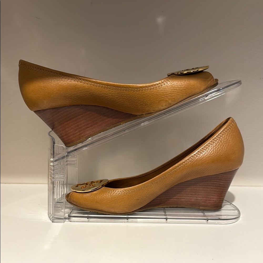 Tory Burch Tan Wedge Heels with Peep-Toe Design